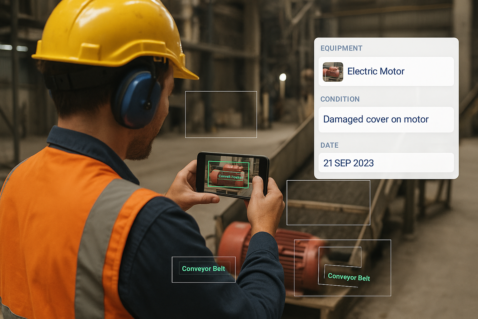 Worker inspecting electric motor — VidProof captures equipment type, condition, and date automatically