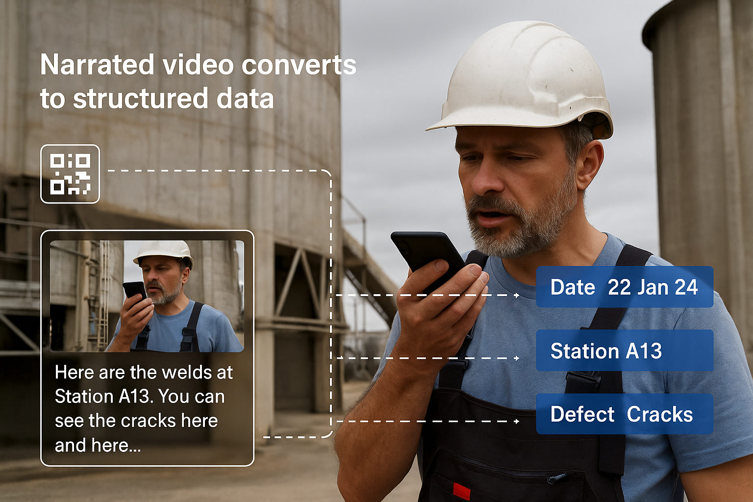 Narrated video converts to structured compliance data — showing QR scan, date, location, and defect tags extracted automatically