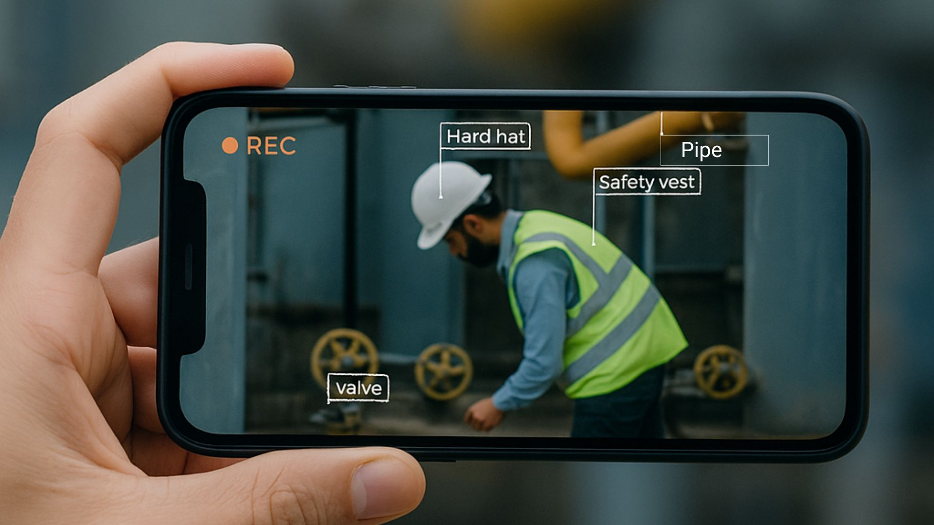 VidProof app recording a field worker with AI object tagging — detecting hard hat, safety vest, pipe, and valve in real time
